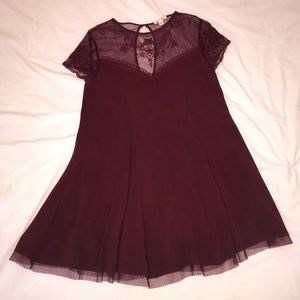 Maroon dress with lace neck detail